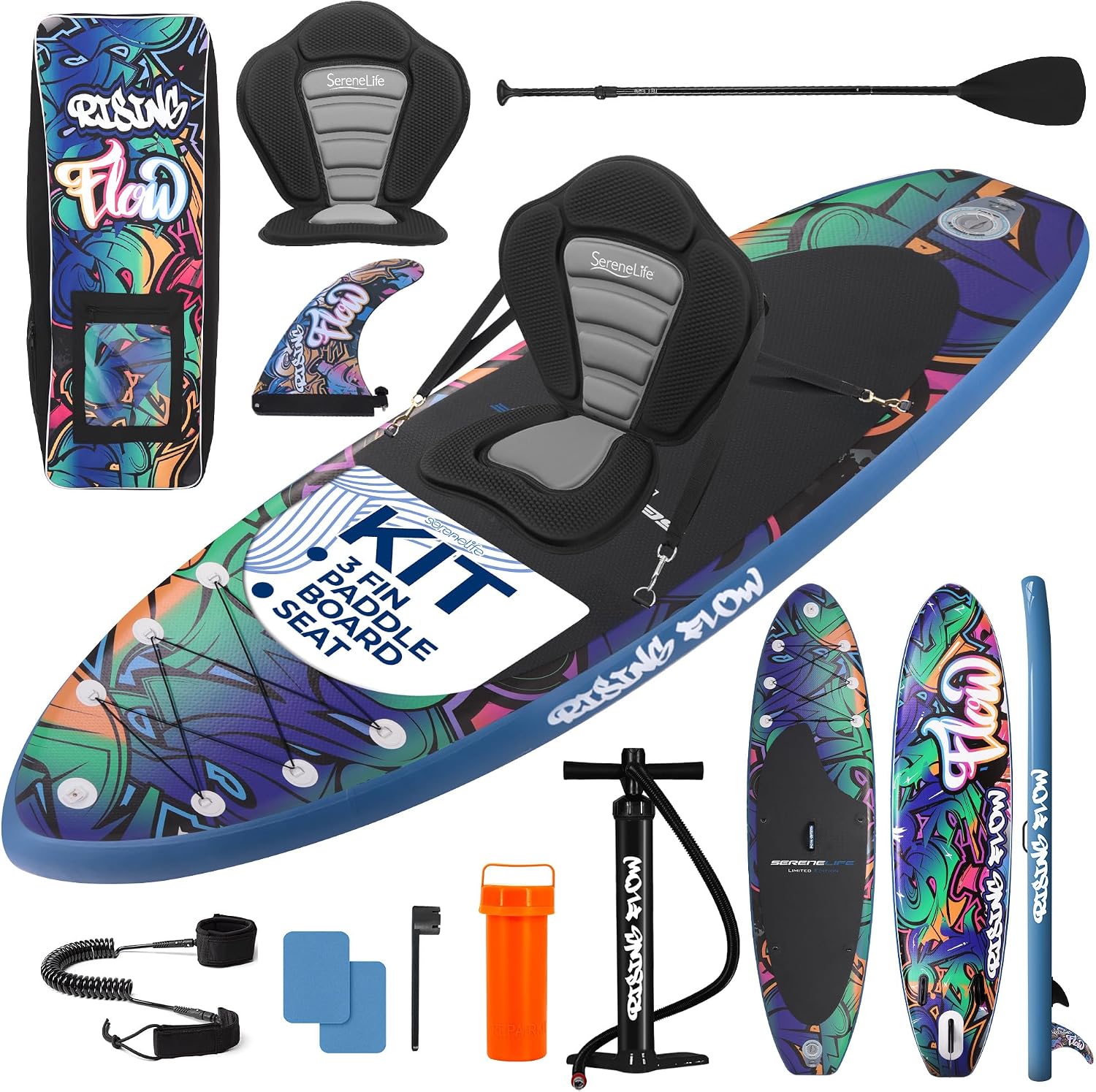 SereneLife Inflatable Stand Up Paddle Board and Detachable Seat - SUP Paddleboard Set for Adults and Youth, 32' Wide Design with Non-Slip EVA Deck Pad and Marine-Grade Materials, 350 lbs Capacity