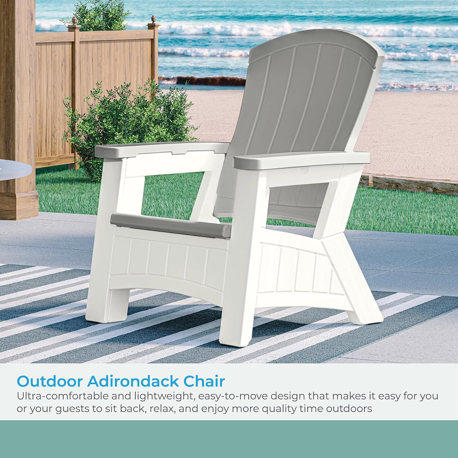 Suncast Outdoor Patio Adirondack Chair with 8 Gallons of Under-Seat Storage, Stylish Faux Wood Outdoor Storage Chair, Dove Gray/Ice Cube, Made in The USA