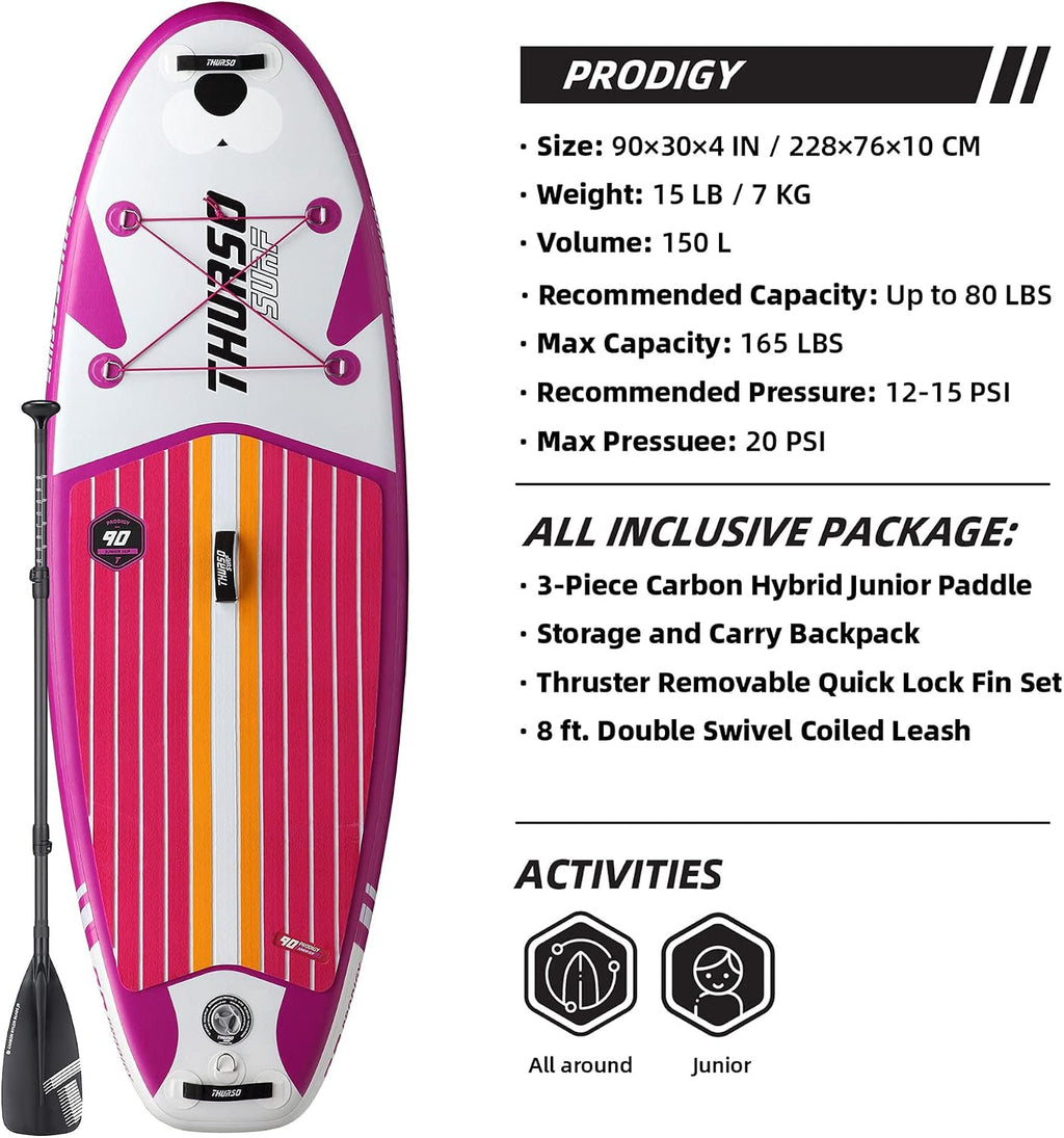 THURSO SURF Prodigy Junior Kids Inflatable SUP Stand Up Paddle Board 7'6 x 30'' x 4'' Two Layer Includes Adjustable Carbon Shaft Paddle/3 Fins/Leash/Duffle Bag/NO Pump Included