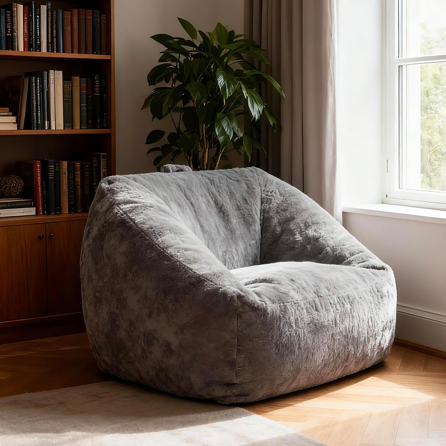SUNBURY 47' L-Shaped Bean Bag Chair with Armrests, Ergonomic Memory Foam Floor Lounger, Cozy Gamer Chair with Side Pocket & Carry Handle, Washable Faux Fur Cover for Living Room & Dorm, Grey