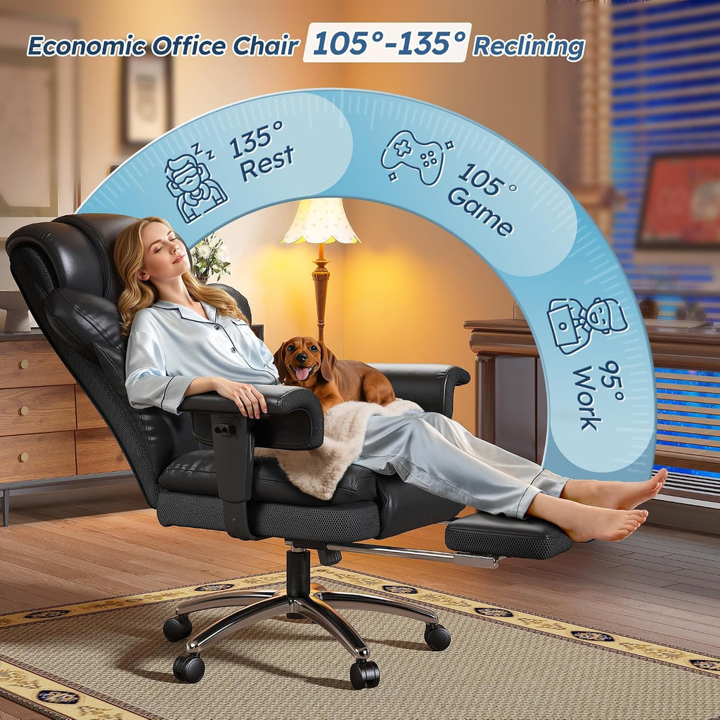 DurayLoly Big and Tall Office Chair with Footrest, Ergonomic Leather Office Desk Chair with Pocket Spring Cushion, 105°-135°Reclining & Height Adjustable, Ergonomic Computer Chair for Back Pain