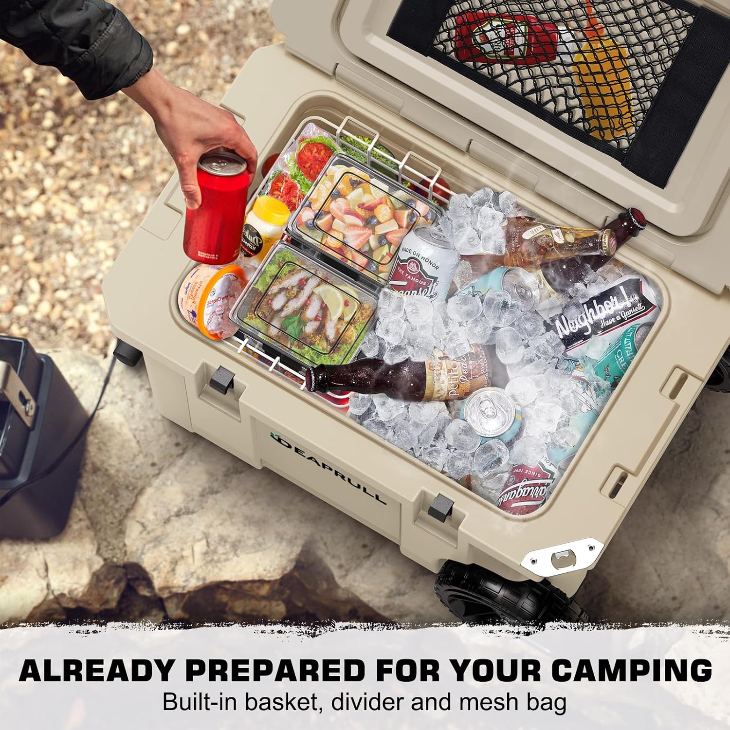 55 Quart Cooler with Wheels, Ice Chests Portable Camping Cooler Holds Ice up to 6 Days, Leak-Proof Outdoor Insulated Cooler with Handle, Cup Holders, Hard Cooler for Camping, Beach, Boat