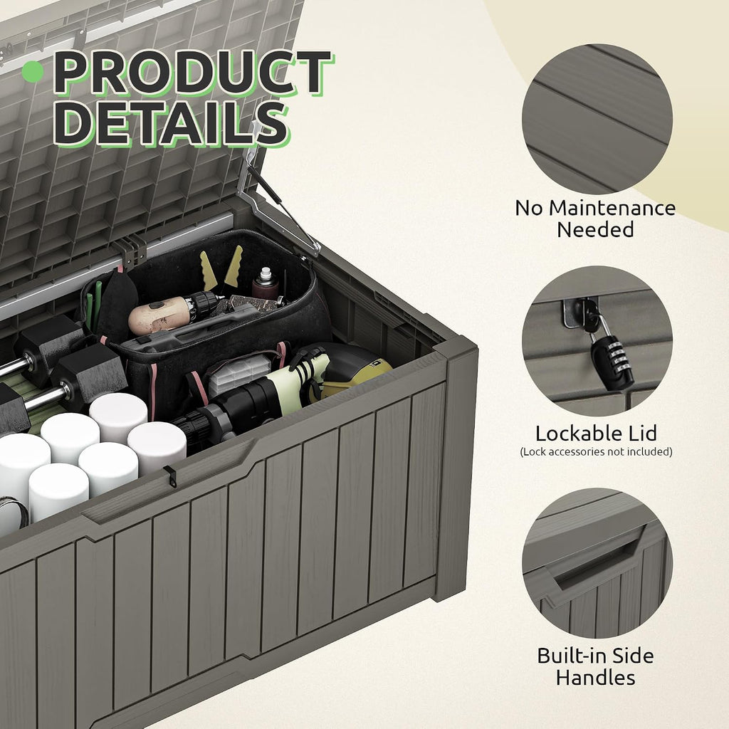 GOOBED 120-Gallon Deck Box, Waterproof Outdoor Storage Chest for Garden Tools, Pool Supplies, and Sports Gear, Lockable Lid, Multi-Purpose Bench or Table, Easy Assembly (Taupe