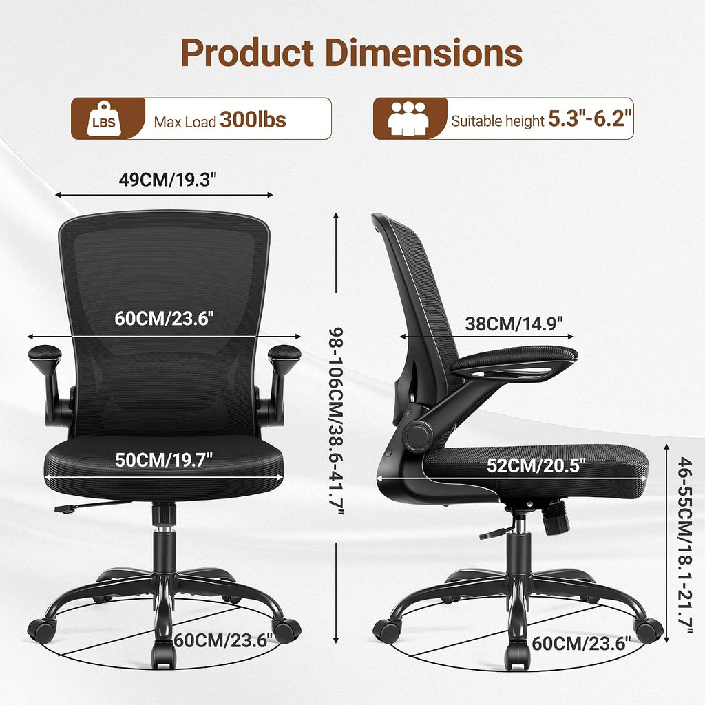 BESTFAIR Ergonomic Office Chair, Mesh Computer Desk Chairs with Lumbar Support, Swivel Desk Chair with Flip-up Arms and Adjustable Height, Black, 4-Pack