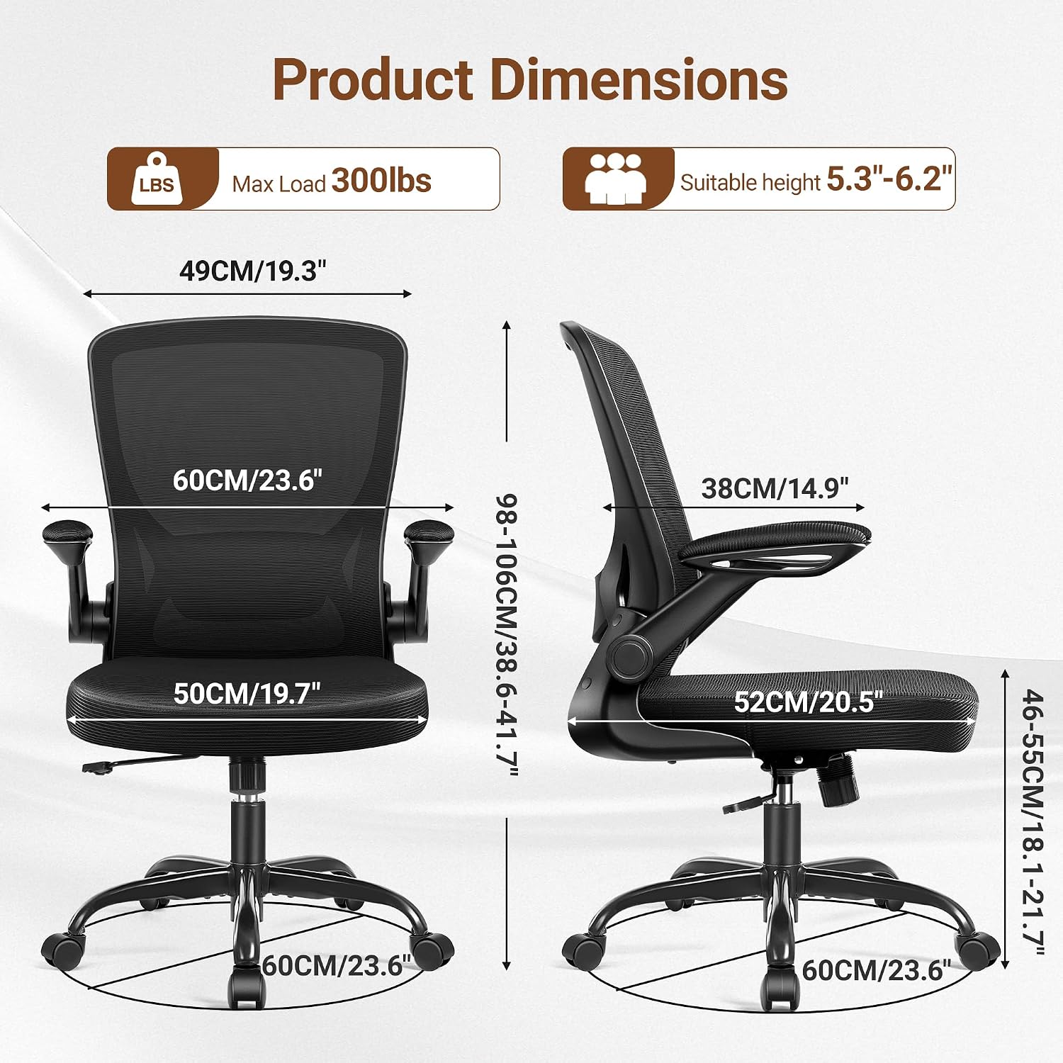 BESTFAIR Ergonomic Office Chair, Mesh Computer Desk Chairs with Lumbar Support, Swivel Desk Chair with Flip-up Arms and Adjustable Height, Black, 4-Pack