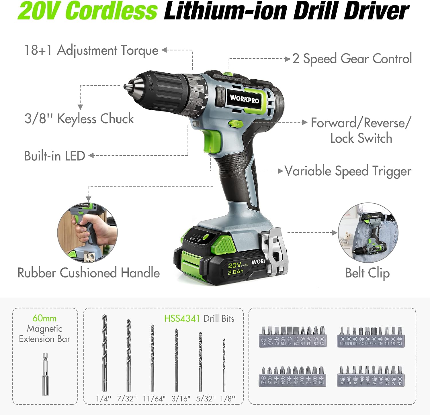 WORKPRO Home Tool Set with 20V Cordless Lithium-Ion Drill Driver, Household Repairing Tool Kit with Drill, 157PCS Power Drill Sets, 14-Inch Wide Mouth Storage Tool Bag, Green