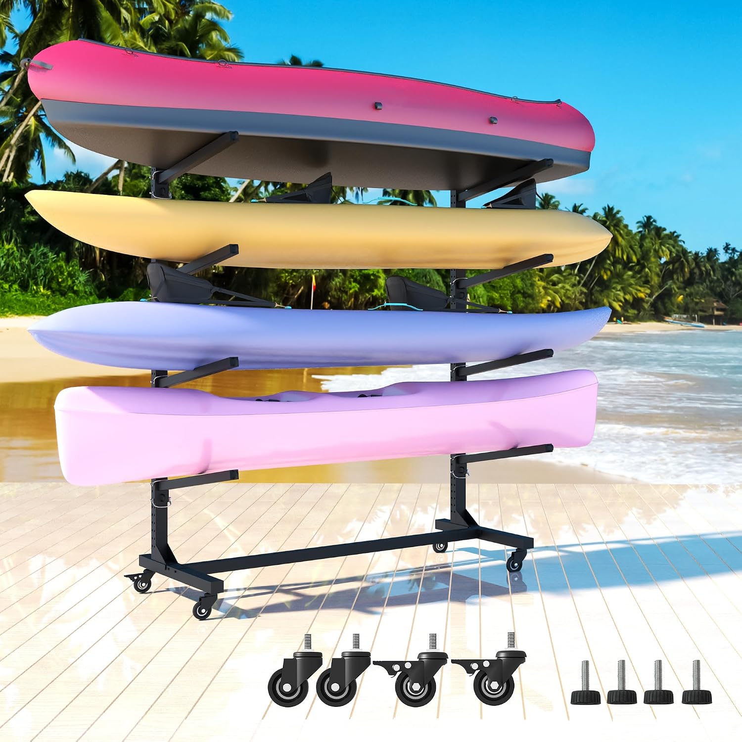 Freestanding Kayak Storage Rack, Heavy Duty Metal Kayak Stand with Lockable Wheels, Adjustable Kayak Holders for Canoes, SUP, Sled, Paddle Board & Surfboard, Garage, Indoor & Outdoor Use