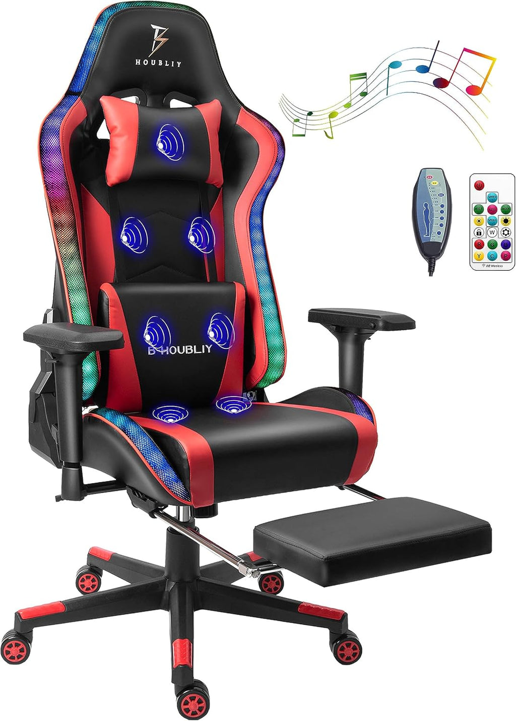 Gaming Chair with Full Massage Function, High Back Racing Rocking Chair Gaming Chair with Speakers and RGB Lights, Ergonomic Gaming Chair with Footrest. Adult Teen Computer Chair.,Red