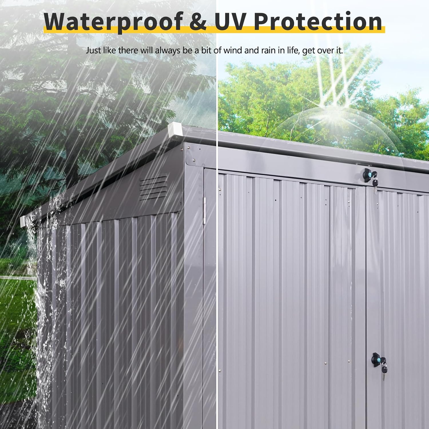 Garbage Bin Shed for 2 Trash Cans, Outdoor Metal Garbage Storage Shed with Lockable Door & Sloped Roof, Multi-Use Rust Prevention Galvanized Steel Enclosure for Yard, Garden, Patio (Gray)