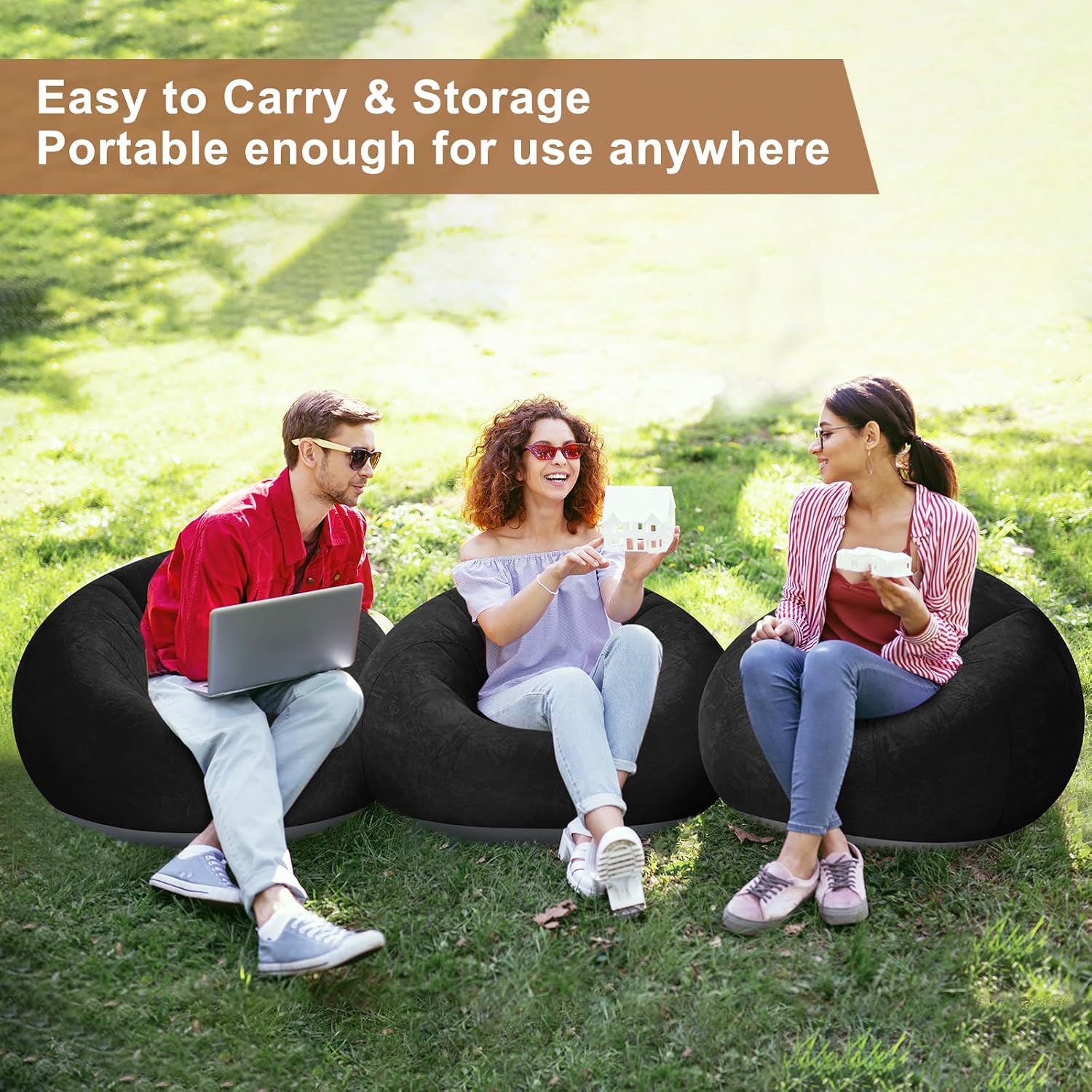 Realspring 6 9 12 Pcs Inflatable Bean Bag Chairs for Adults with Electric Air Pump, Blow up Couch Folding Portable Inflatable Couch Lazy Sofa for Outdoor Movie Night Camping(Black,6 Pcs)