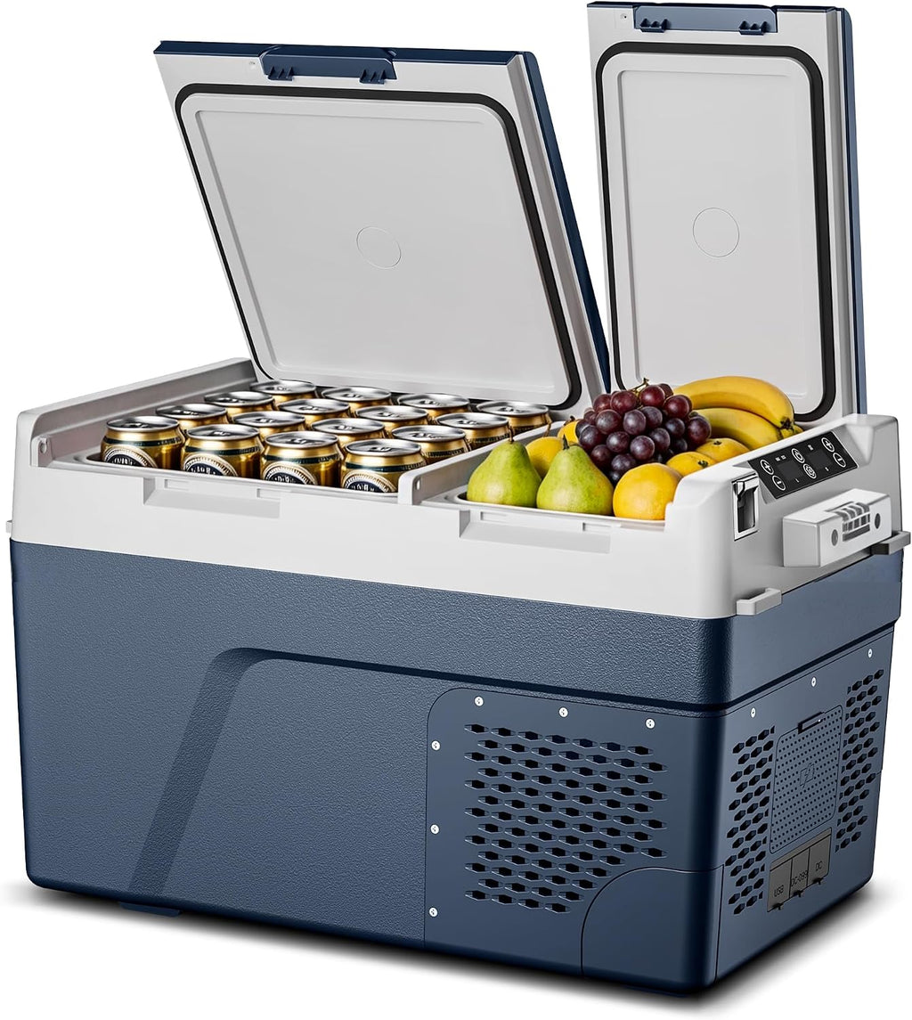 Feelfunn 12 Volt Refrigerator Electric Cooler - 40QT(38L) Dual Zone Portable Fridge, Car Fridge -4℉~68℉, Car Refrigerator 12/24V DC 100-240V AC, Portable Freezer for Travel Camping RV Home - Blue