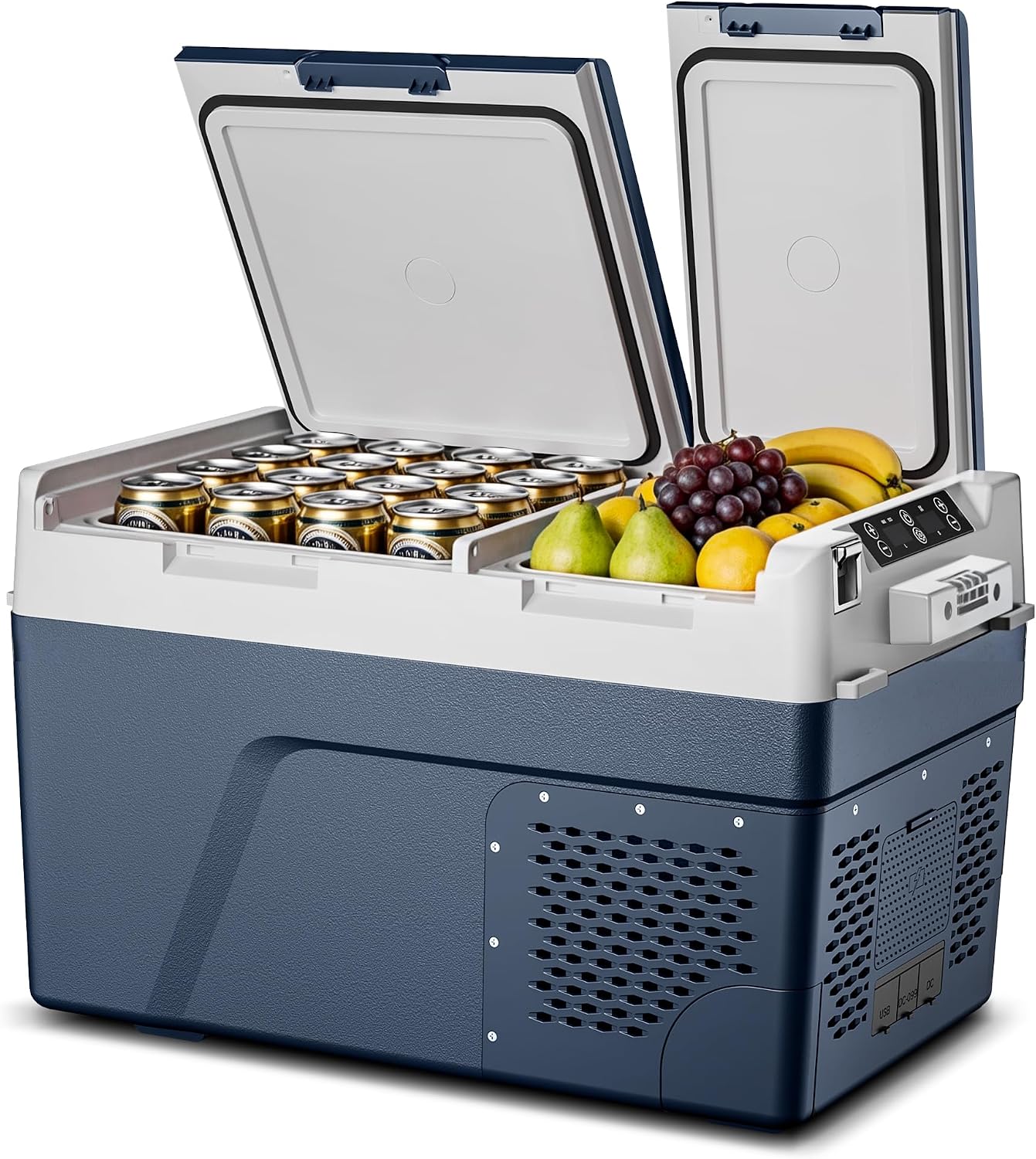 Feelfunn 12 Volt Refrigerator Electric Cooler - 40QT(38L) Dual Zone Portable Fridge, Car Fridge -4℉~68℉, Car Refrigerator 12/24V DC 100-240V AC, Portable Freezer for Travel Camping RV Home - Blue