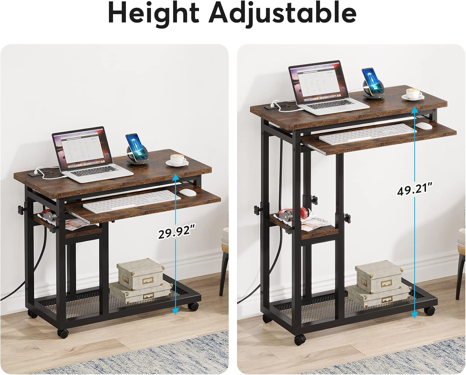 Tribesigns Small Portable Desk with Power Outlet, Height Adjustable Sofa Couch Bedside Laptop Table with Wheels, Mobile Standing Desk Rolling Computer Cart C Side Table with USB Ports