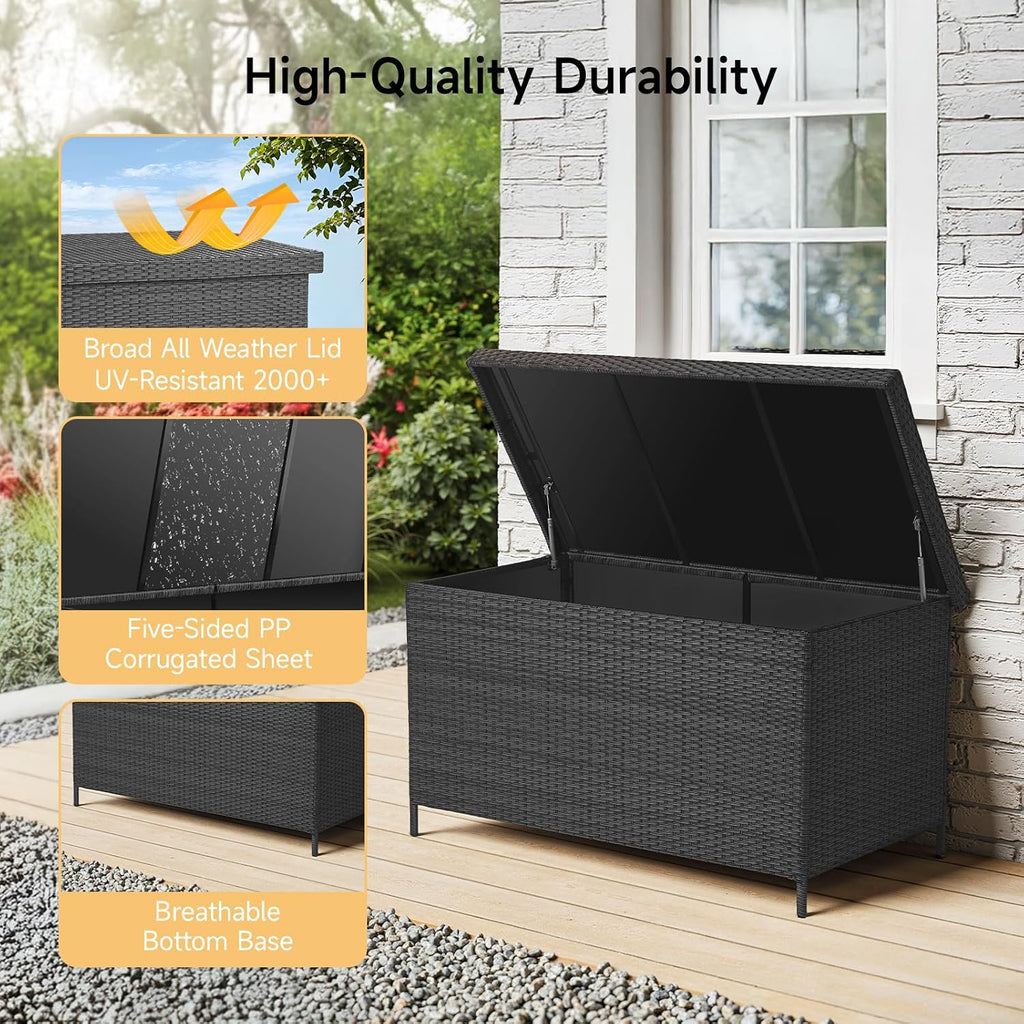 ONBRILL 158 Gallon XL Deck Box with Lid, All Weather Wicker Outdoor Storage Box Waterproof, Large Outdoor Patio Storage Bin for Cushions, Garden Tools, Gears, Pool Accessories, Black