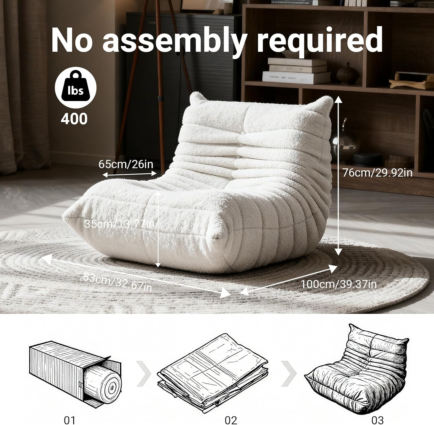 Giant Bean Bag Chair for Adults, Fireside Beanbag for Living Room with Memory Foam Filled, Lazy Floor Sofa Lounge Armless Chair for Gaming Reading Relaxing, No Assembly Required White