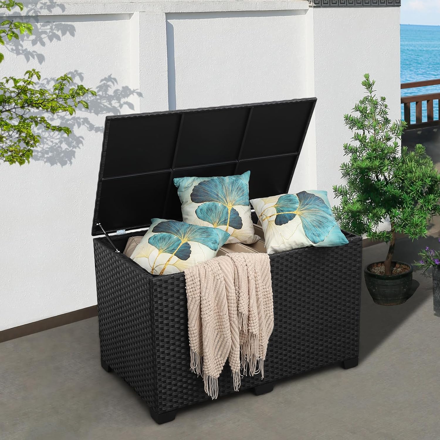Valita Outdoor Wicker Storage Box, Big Size,Resin Black Rattan Deck Bin with Lid,150 Gallon,Water-resistant Liner Container for Patio Gardening Tools, Cushions, Pool Accessory,Pillows