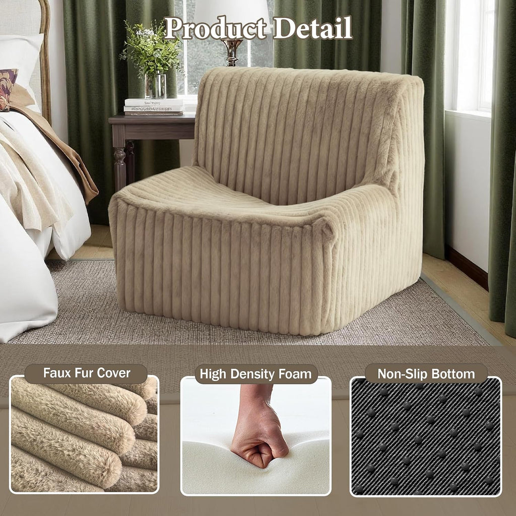 Trenda 32'' Comfy Bedroom Chair for Adult, Boneless Space-Saving Accent Chairs with with Spacious Seating, Soft Faux Fur Cover, Ideal Floor Couch for Living Room,College, Dorm to Reading (Khaki)