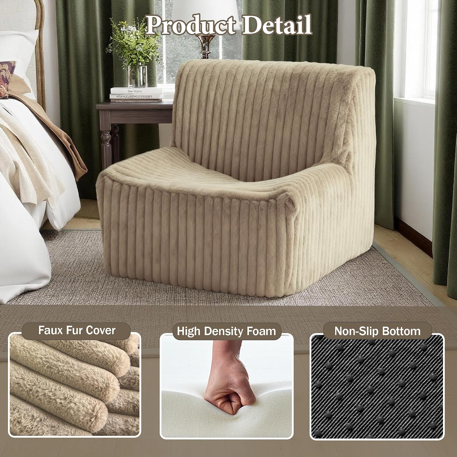 Trenda 32'' Comfy Bedroom Chair for Adult, Boneless Space-Saving Accent Chairs with with Spacious Seating, Soft Faux Fur Cover, Ideal Floor Couch for Living Room,College, Dorm to Reading (Khaki)