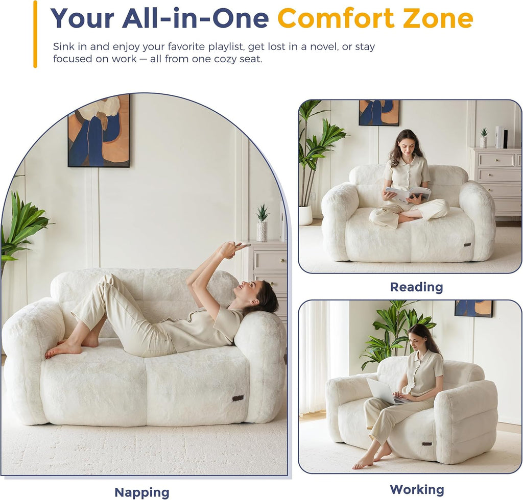 MAXYOYO Giant Bean Bag Chair for Adults, Ultra Soft Fluffy Loveseat Bean Bag Sofa, Oversized Floor Sofa for Living Room Bedroom, Cozy Reading Chair with Filler, Beige