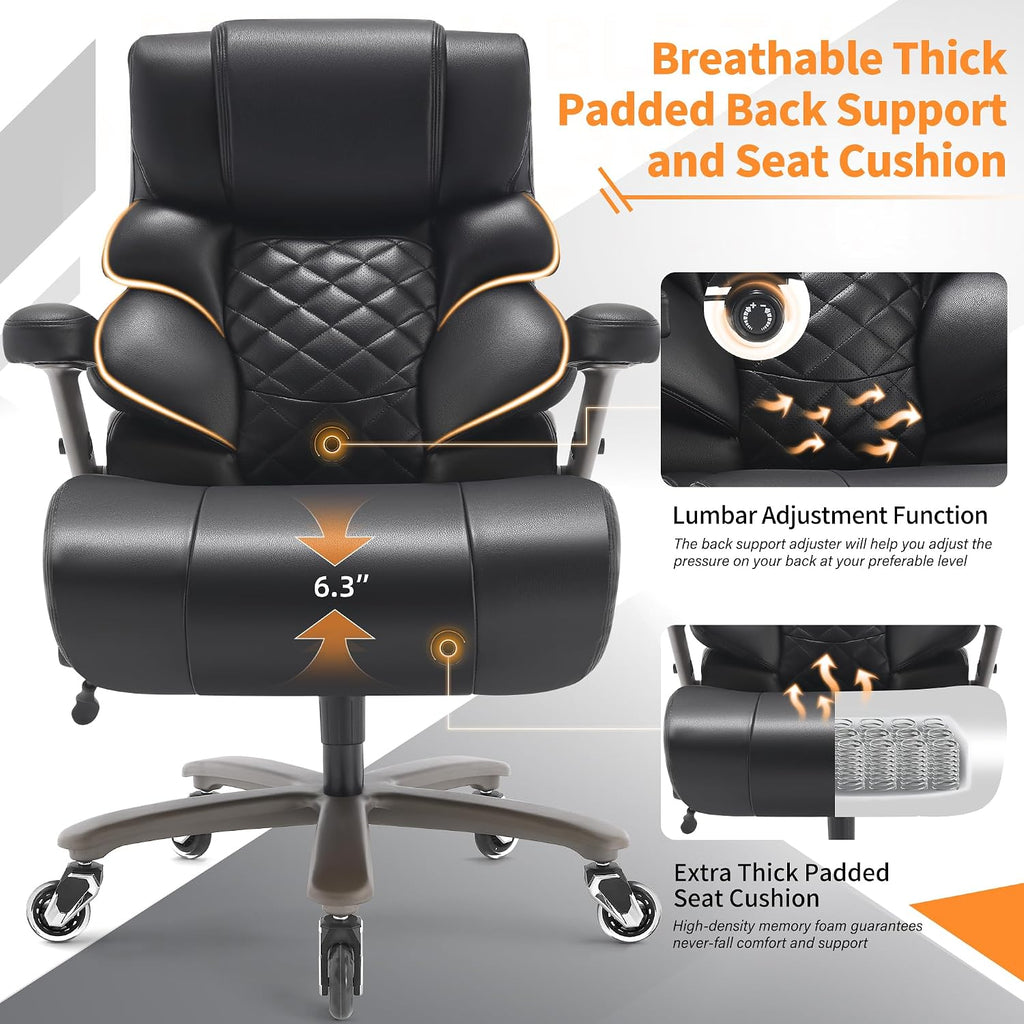 VUZI 700lbs Big and Tall Office Chair-Large Computer Chair with Adjustable Lumbar Support 3D Flip Arms Plus Size Wheels, High Back Executive Desk Chair, Heavy Duty Metal Base, Thick Padded Wide Seat