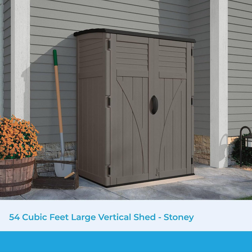 Suncast Modernist 4' x 2.5' Lockable Outdoor Garden Resin Low Profile Horizontal Storage Shed with 3 Doors, 34 Cubic Feet, Gray & 54 cu. ft Resin Vertical Lockable Storage Shed, Stoney, BMS5700SB