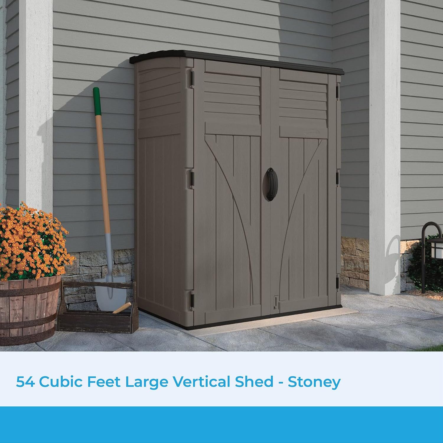 Suncast Modernist 4' x 2.5' Lockable Outdoor Garden Resin Low Profile Horizontal Storage Shed with 3 Doors, 34 Cubic Feet, Gray & 54 cu. ft Resin Vertical Lockable Storage Shed, Stoney, BMS5700SB