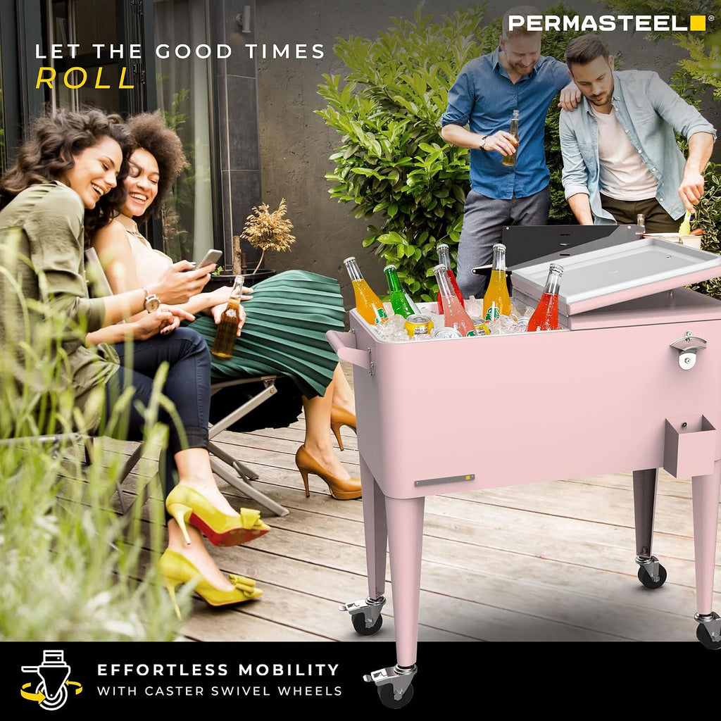 Permasteel 80-Qt Large Outdoor Patio Cooler with Wheels & Handles, Portable Rolling Hard Cooler for Outside, Retro Ice Cooler Cart, Beverage Can Coolers for Backyard Parties