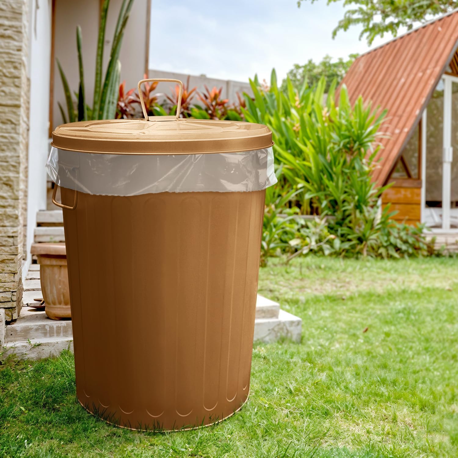 Plexon 20 Gallon Metal Trash Can with Lid Outdoor Large Trash Bin Steel Garbage Can for Garage Patio Farmhouse Bucket Bird Seed Storage Can Heavy Duty Round Container, Copper 6 Pack