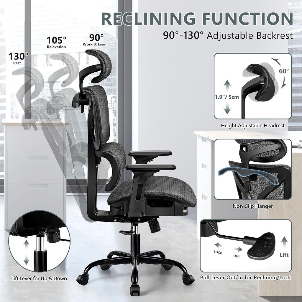 Winrise Office Chair Ergonomic Desk Chair, High Back Gaming Chair, Big and Tall Reclining Breathable Mesh Chair Comfy Home Office Desk Chair with Lumbar Support