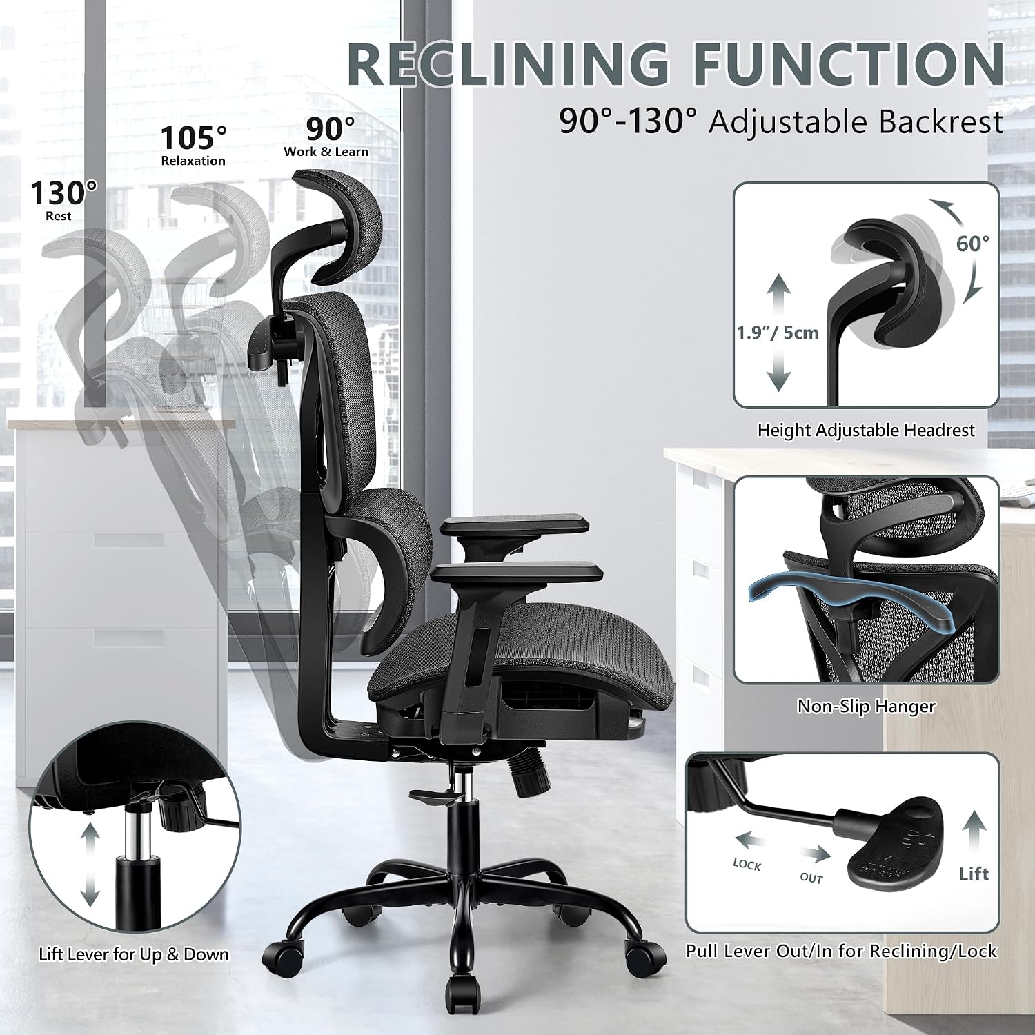 Winrise Office Chair Ergonomic Desk Chair, High Back Gaming Chair, Big and Tall Reclining Breathable Mesh Chair Comfy Home Office Desk Chair with Lumbar Support