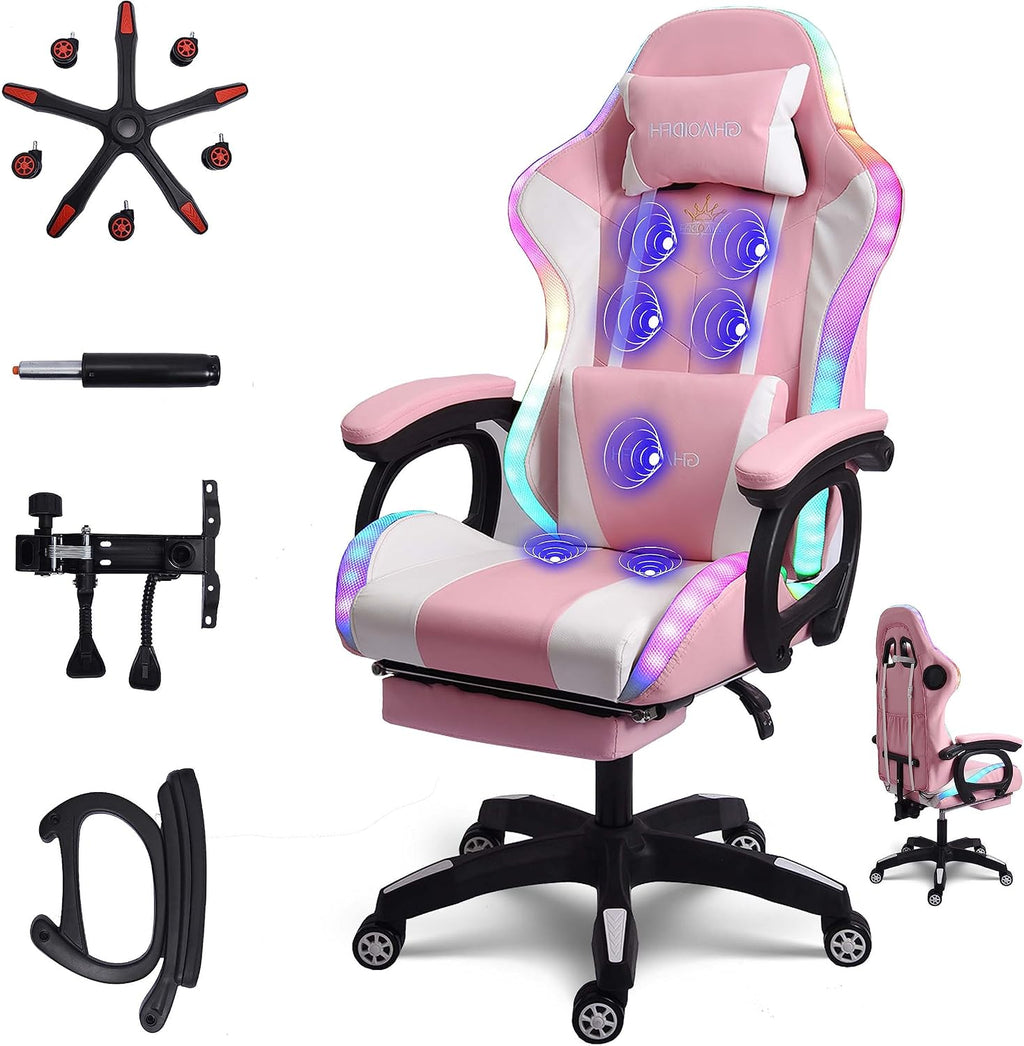 Gaming Chairs with Speakers and LED Light,Ergonomic Pro Gaming Chair with Full Massage Lumbar Support,Racing Chair for Adults Teens Gamer.,Pink