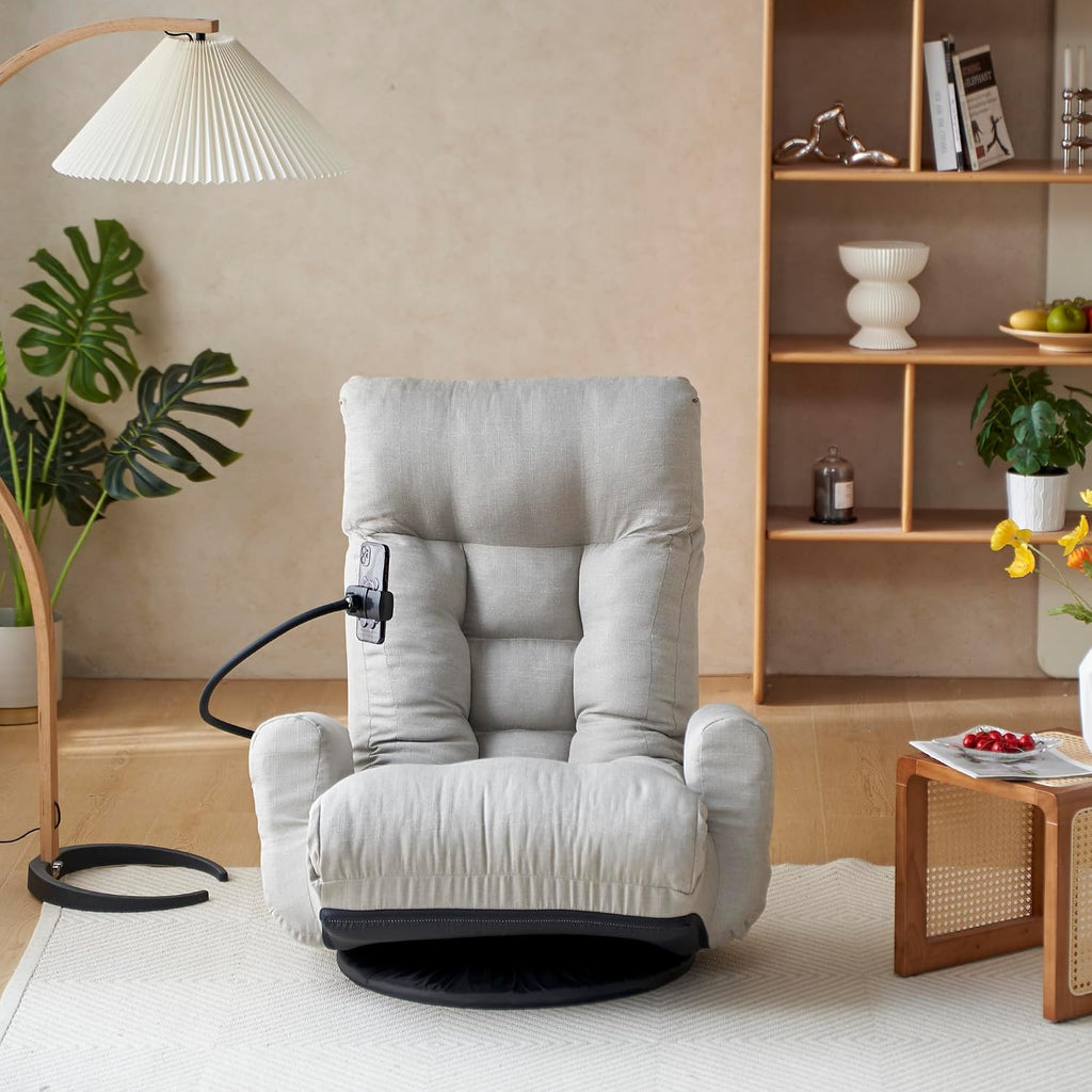 360° Swivel Floor Gaming Chair Linen Folding Lounge Sofa Chair with Adjustable Head and Waist, Armrests & Phone Holder, Padded Cushion Leisure Chairs for Living Room Bedroom (Grey)