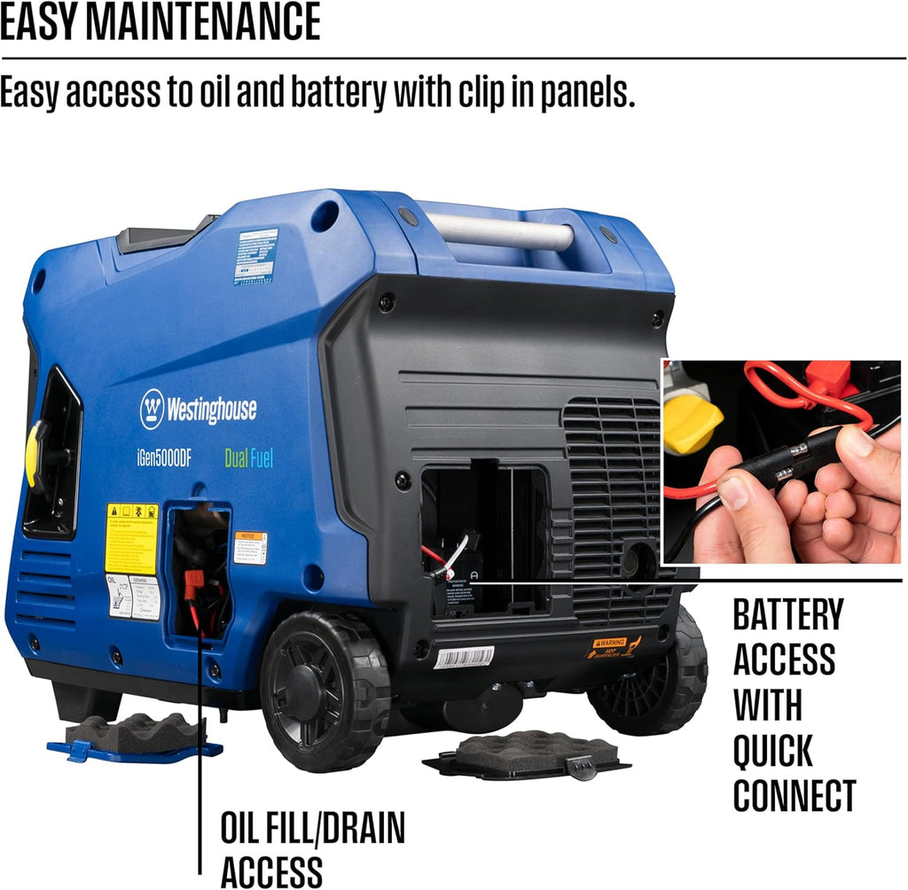 Westinghouse 5000 Peak Watt Super Quiet Dual Fuel Portable Inverter Generator, Remote Electric Start, Gas & Propane Powered, RV Ready 30A Outlet, Parallel Capable, Blue/Black