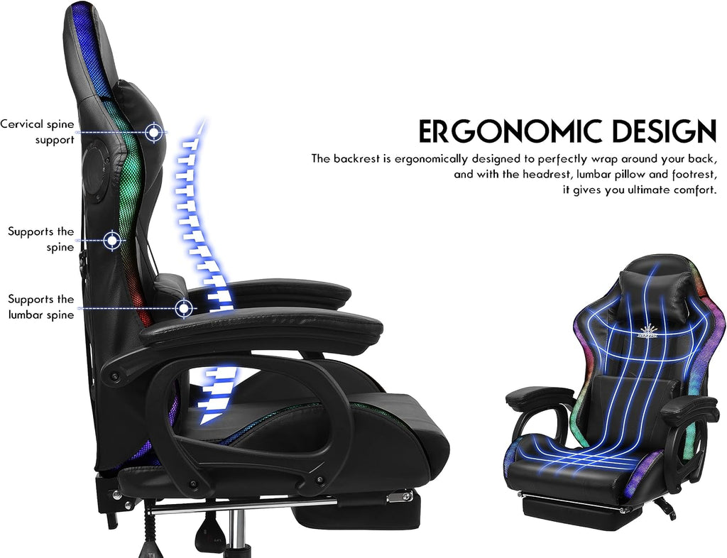 Enhance Your Gaming Experience with Our Ergonomic Reclining Gaming Chair with RGB LED Lights, Massage and Dual Speakers - Perfect for Adults, Teens and Kids! (Pink + White)