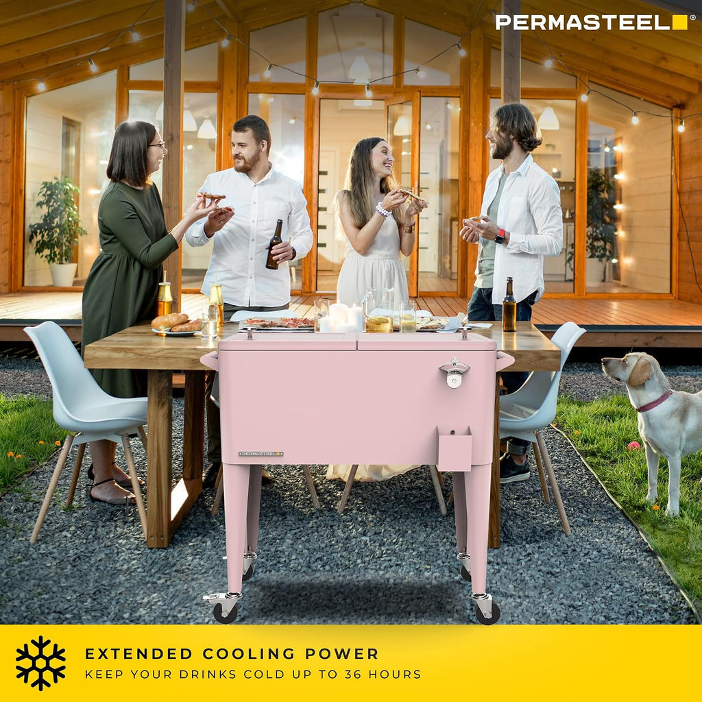 Permasteel 80-Qt Large Outdoor Patio Cooler with Wheels & Handles, Portable Rolling Hard Cooler for Outside, Retro Ice Cooler Cart, Beverage Can Coolers for Backyard Parties