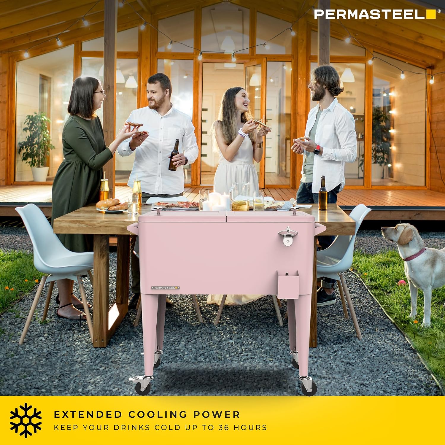 Permasteel 80-Qt Large Outdoor Patio Cooler with Wheels & Handles, Portable Rolling Hard Cooler for Outside, Retro Ice Cooler Cart, Beverage Can Coolers for Backyard Parties