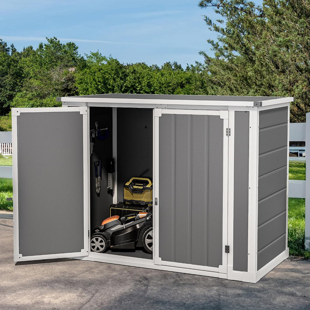 DWVO 41 Cu.ft Horizontal Resin Storage Shed, All Weather 4.7x2.5 FT Outdoor Garden Shed with Hydraulic Struts, 3 Locks, Lockable to Floor for Garden Tools, Trash Cans, Gray