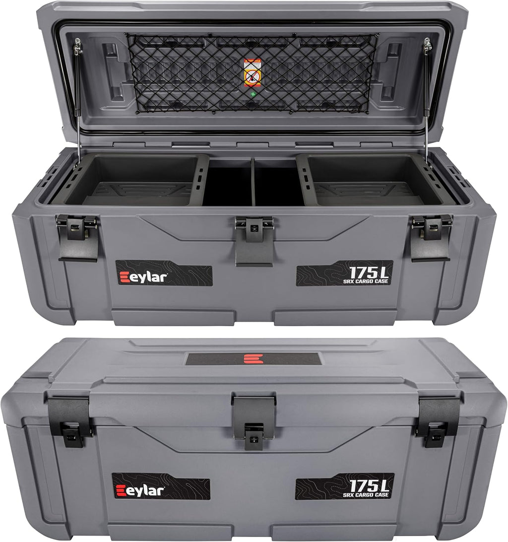 SRX-175 Overlanding Cargo Case – 175L Waterproof Storage Box for Camping, Off-Road & Truck Bed Gear – Heavy-Duty Lockable Storage with Gas Strut Lid, Stackable Design & Interior Organizer Tray (Gray)