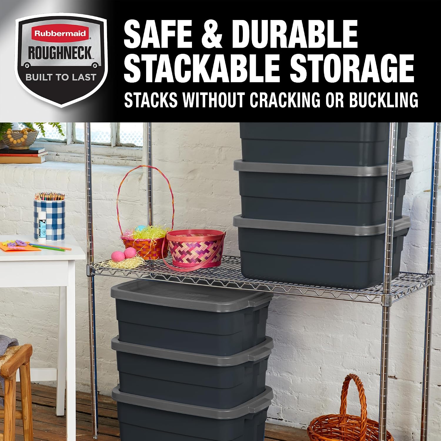 Rubbermaid 6-Pack Totes for Storage with Lids, Heavy Duty Plastic Storage Bins with Lids, Black Gray, 10 GAL - Stackable for Garage, Attic, Camping (10 GAL - 6 Pack Solid Black and Grey)