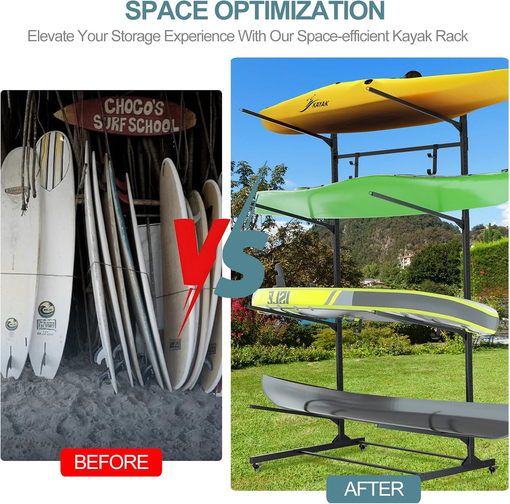 RELIANCER Freestanding Kayak Storage Rack w/Wheel,Adjustable Kayak Stand for Boat Dock,Garage,Indoor & Outdoor Canoe and Kayaks Holder,Water Sport Watercraft Storage Rack for SUP,Surfboard