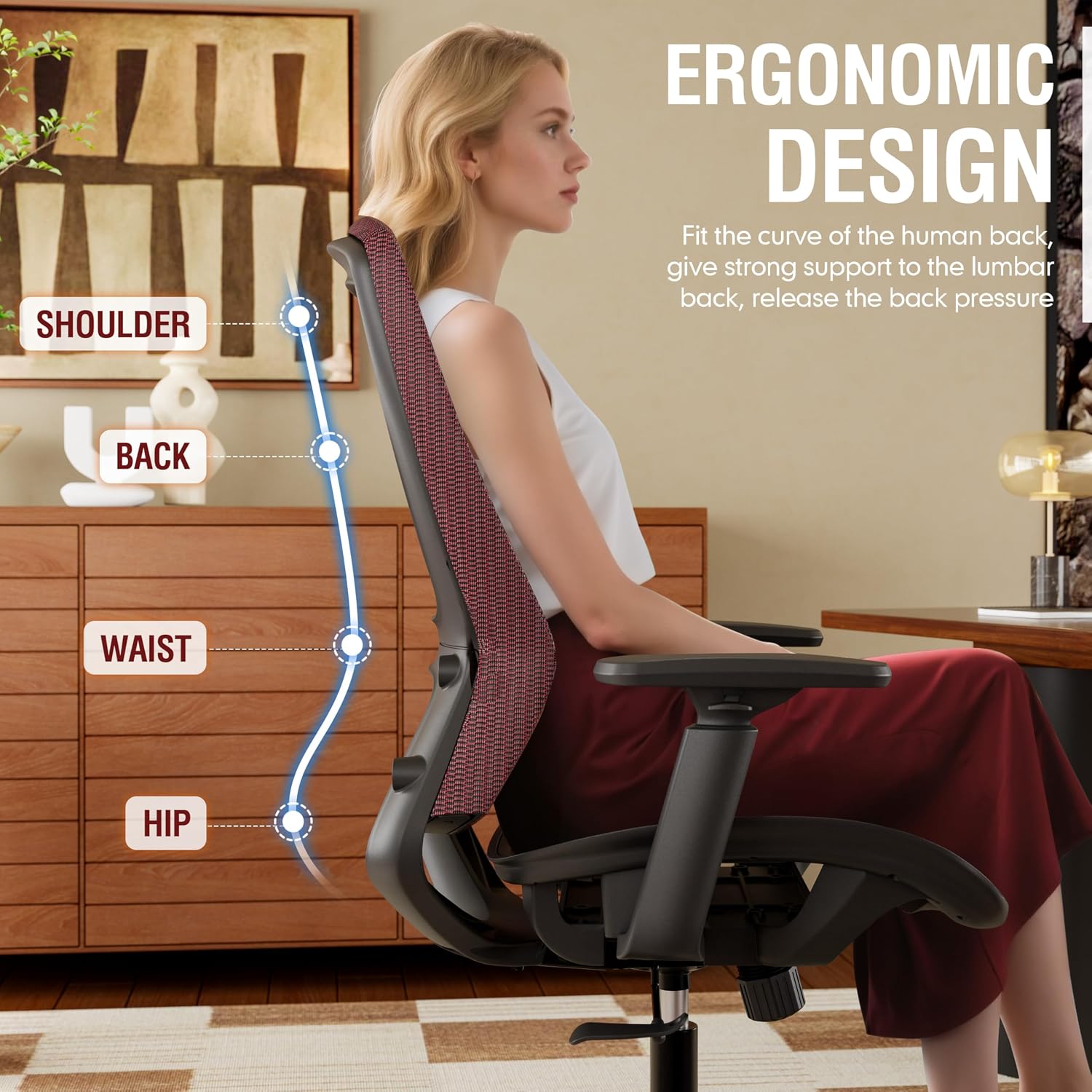 ELABEST Mesh Office Chair,Ergonomic Computer Desk Chair,Sturdy Task Chair- Adjustable Lumbar Support & Armrests,Tilt Function,Comfort Wide Seat,Swivel Home Office Chair (Red)