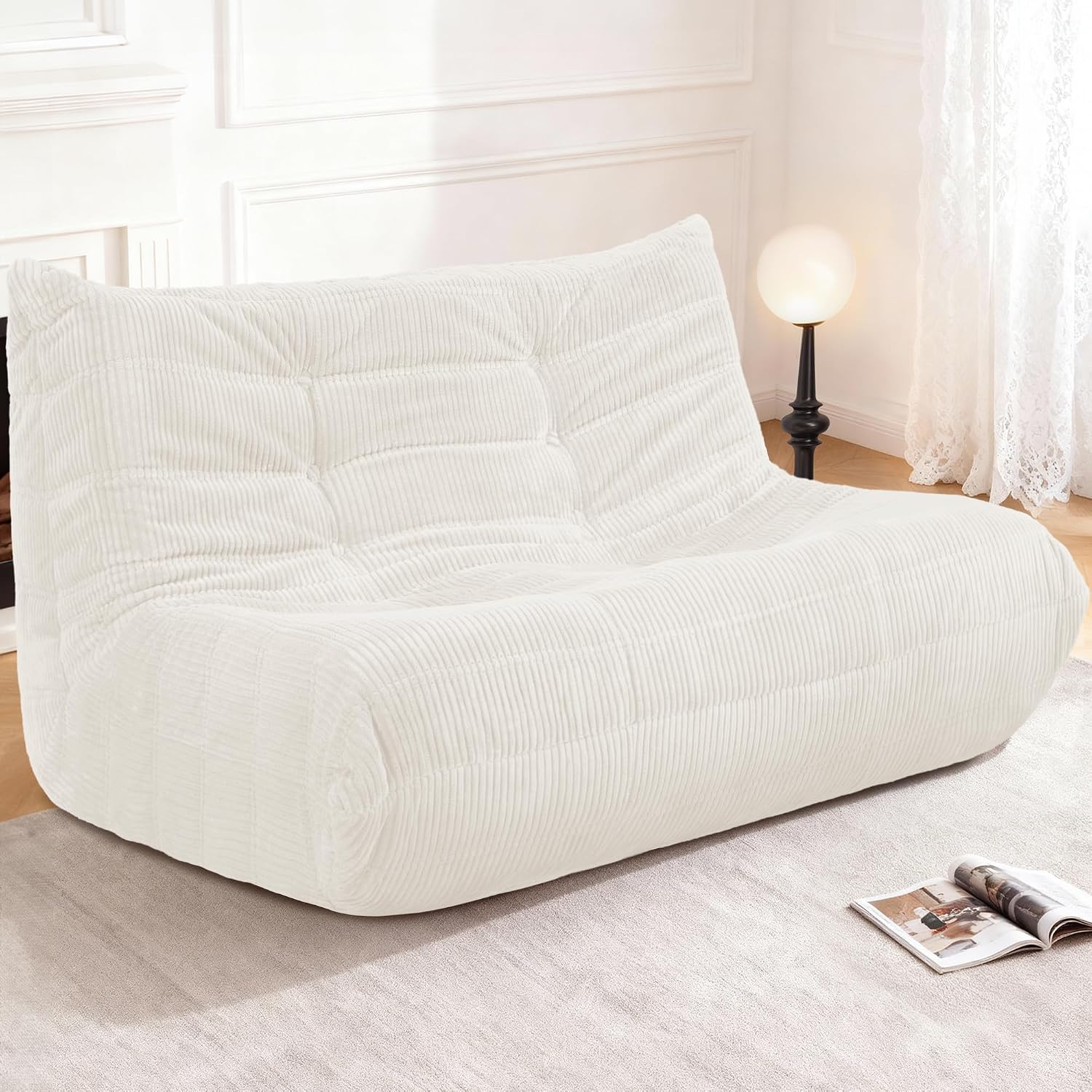 Bean Bag Chair,Giant Beanbag Chairs for Adults,Comfy Large Fireside Chair Lazy Sofa,Corduroy Bean Bag Lounger with Memory Foam Filled,Floor Sofa Couch for Home,Living Room (Beige, Loveseat)