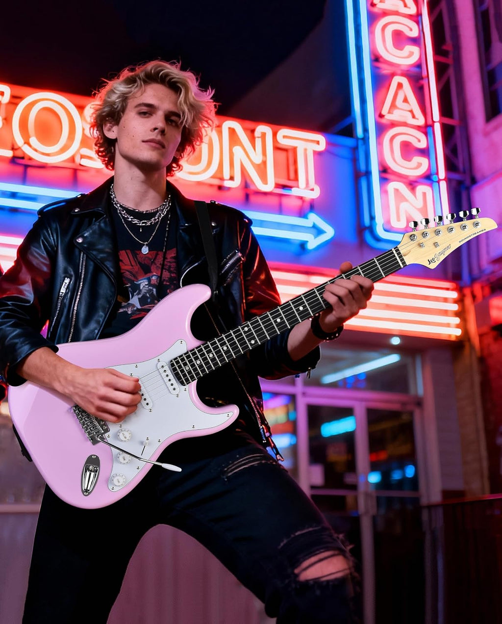 Leo Jaymz Beginner Electric Guitar Complete Kit with Portable Amp, Padded Gig Bag & Full Accessories, Maple Neck SSS Pickups (Pink)