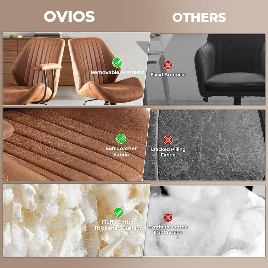 ovios Ergonomic Office Chair, Mid Back Faux Leather Executive Chairs with Armrests, Comfy Mid-Century Modern Swivel Rolling Computer Armchair (Brown, Suede Leather)