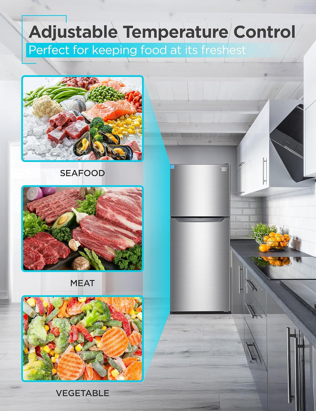 BLACK+DECKER 10 Cu. Ft. Top Mount Refrigerator with Freezer, 2 Door Refrigerator with Top Freezer and Adjustable Temperature Control,ENERGY STAR, BR1000HS, Stainless Steel Look
