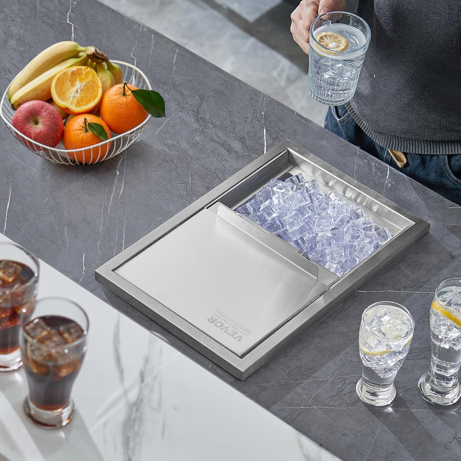 VEVOR Drop in Ice Chest, 18'L x 12'W x 14.5'H Stainless Steel Ice Cooler, Commercial Ice Bin with Sliding Cover, 40.9 qt Outdoor Kitchen Ice Bar, Drain-pipe and Drain Plug Included, for Cold Wine Beer