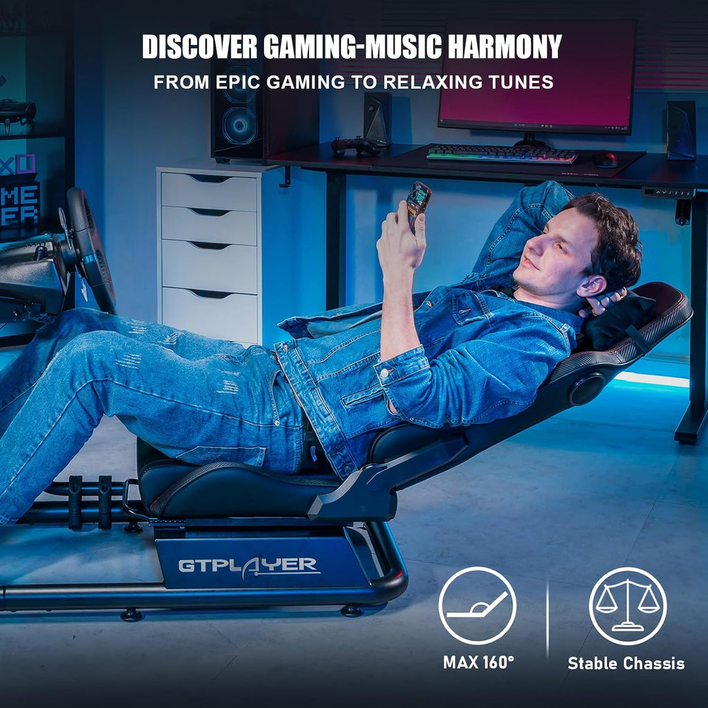 GTPLAYER Racing Simulator Cockpit with Seat and Bluetooth Speakers, Racing Style Reclining Seat and Ultra-Sturdy Alloy Steel Frame (Black)