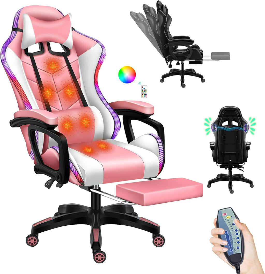 Gaming Chair, Gaming Chair with 7-Point Massage Function, Computer Chair with Speakers and RGB Lights, Ergonomic Racing Chair, Gaming Chair for Adults with Headrest and Lumbar Pillow.,Pink