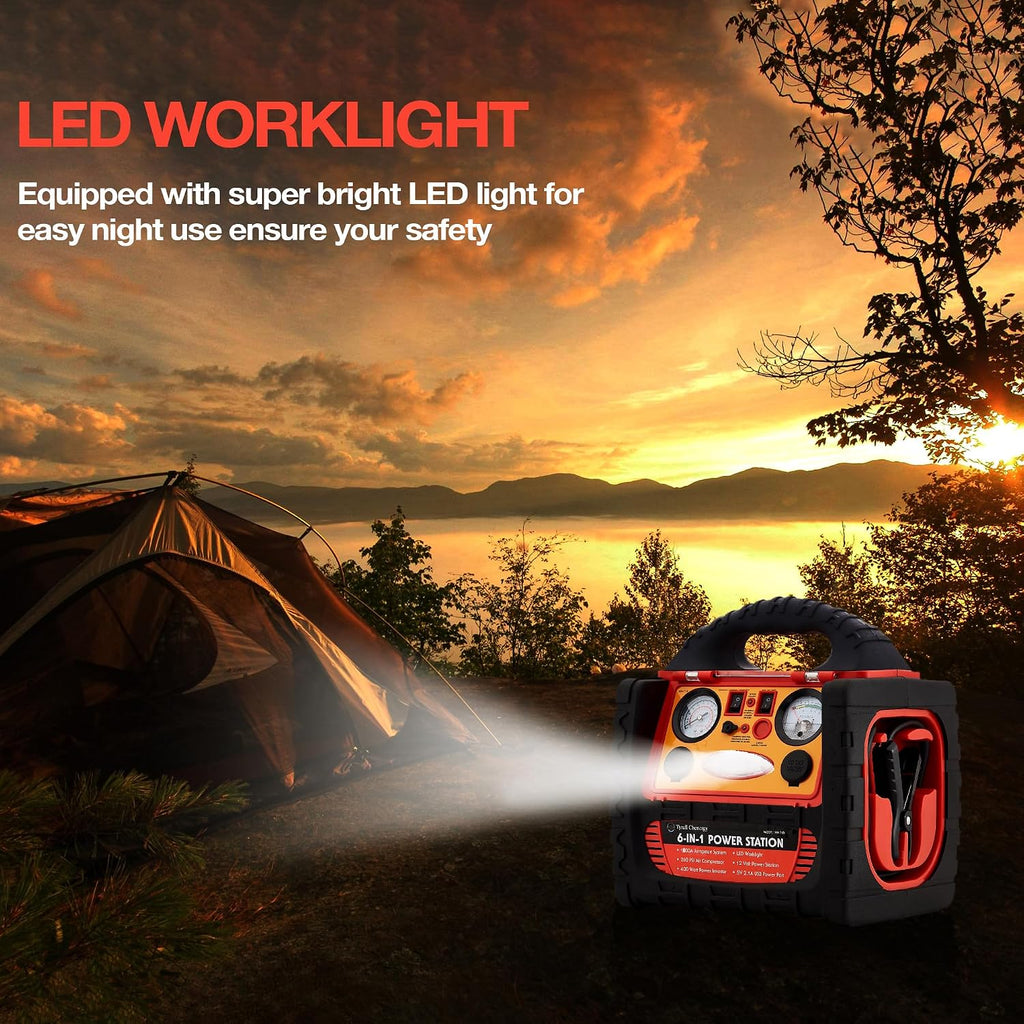2200 Amp Car Jump Starter with Air Compressor,Portable Power Station with 260 PSI Tire Inflator,400W Power Inverter Dual AC/DC Ports,2.1A USB Port,Battery Clamps