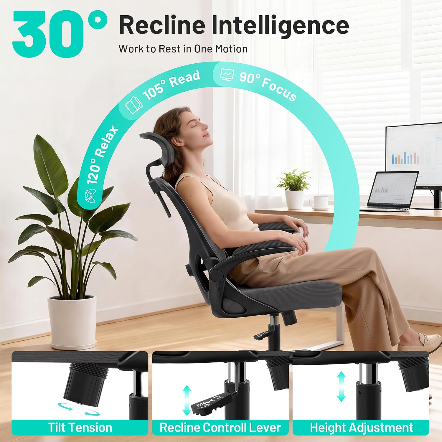AreShark Office Chair - Ergonomic Desk Chair Breathable Mesh Chair with 2D Headrest & Adjustable Lumbar Support - Executive High Back Rolling Swivel Computer Gaming Chair with Wheels Flip-up Armrests